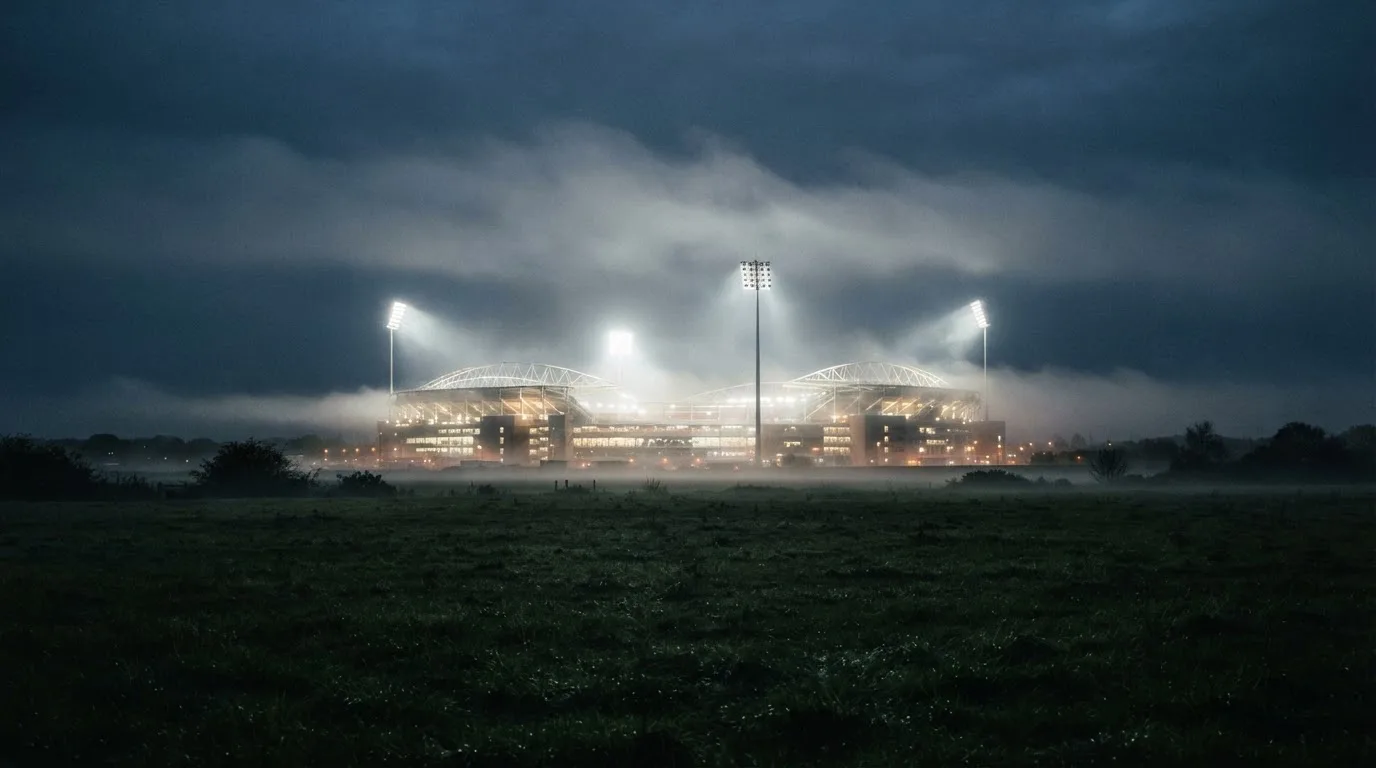 Ein Stadion unter Flutlicht, aus großer Entfernung über eine dunkle Wiese fotografiert, am Himmel zieht Nebel auf.