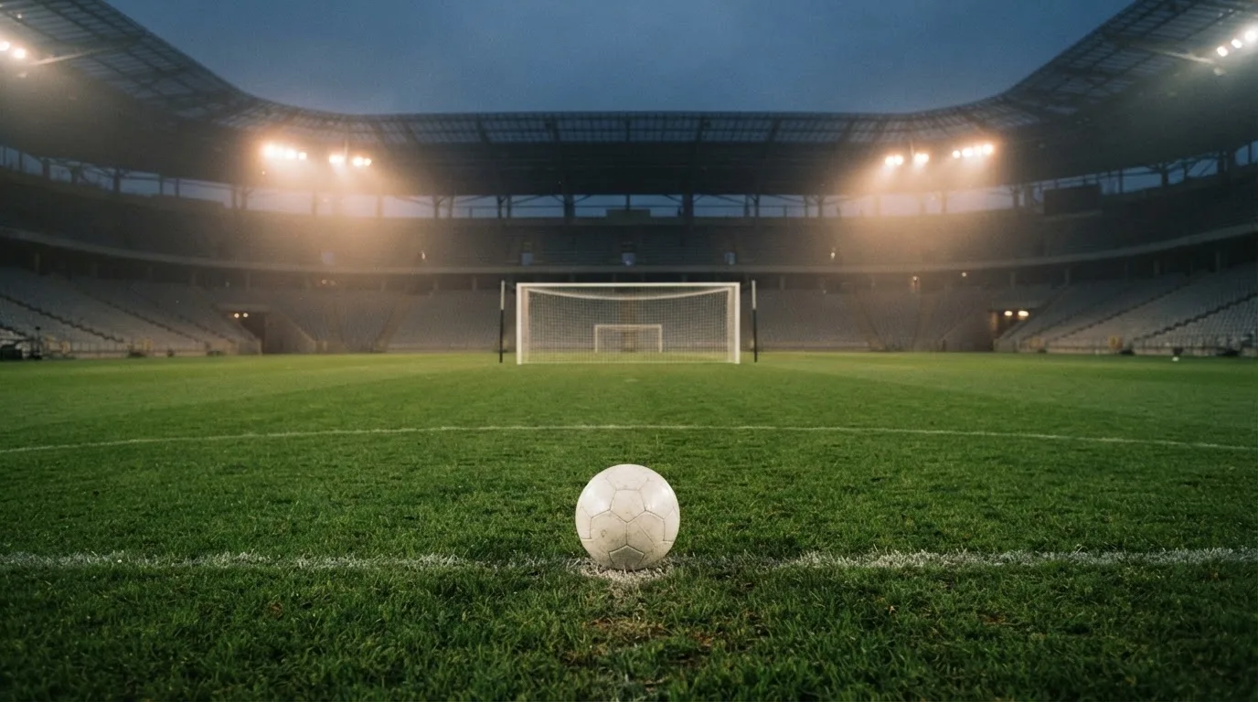 Ein Fußball liegt auf dem Anstoßpunkt eines leeren Rasenplatzes, im Hintergrund steht ein Stadion unter Flutlicht in der Dämmerung.