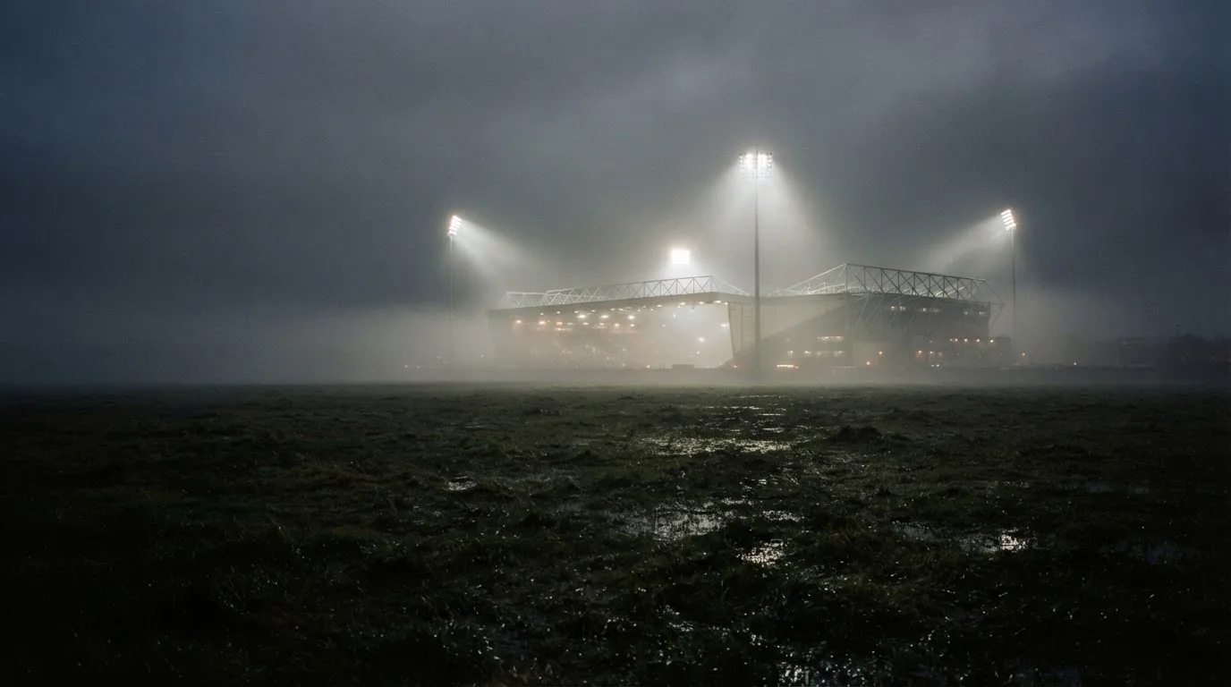Ein Stadion unter Flutlicht, aus großer Entfernung über eine dunkle Wiese fotografiert, am Himmel zieht Nebel auf.