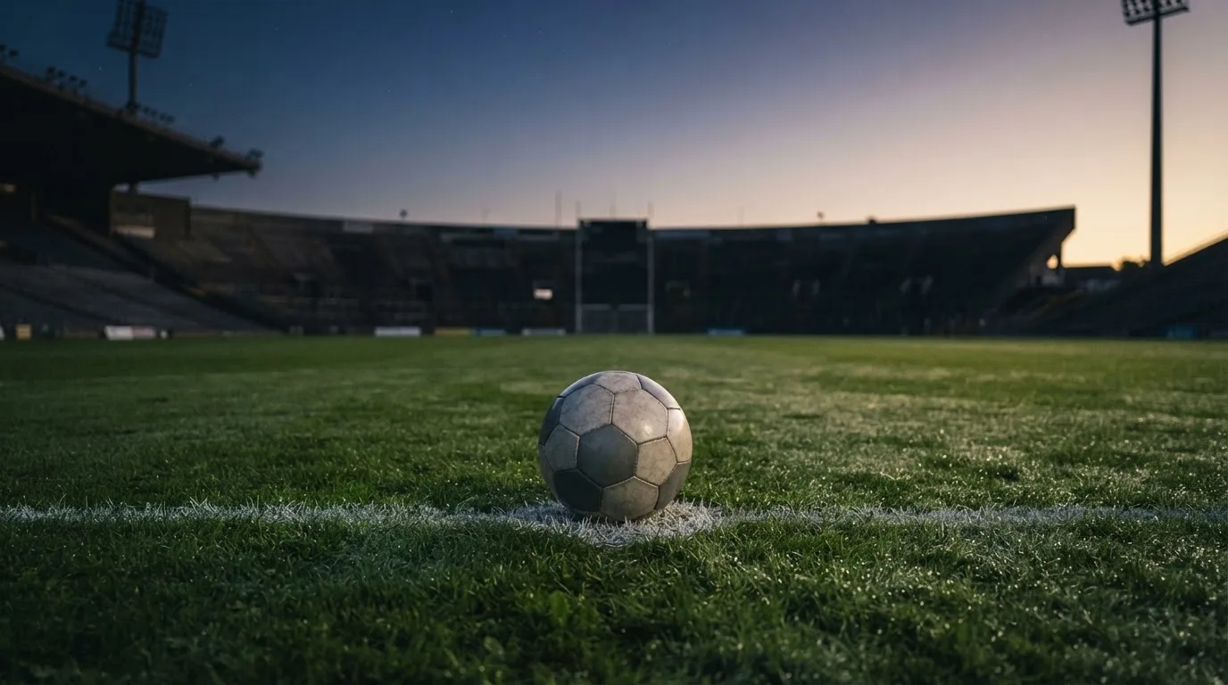 Ein Fußball liegt auf dem Anstoßpunkt eines leeren Rasenplatzes in der Morgendämmerung, im Hintergrund eine leere Tribüne.
