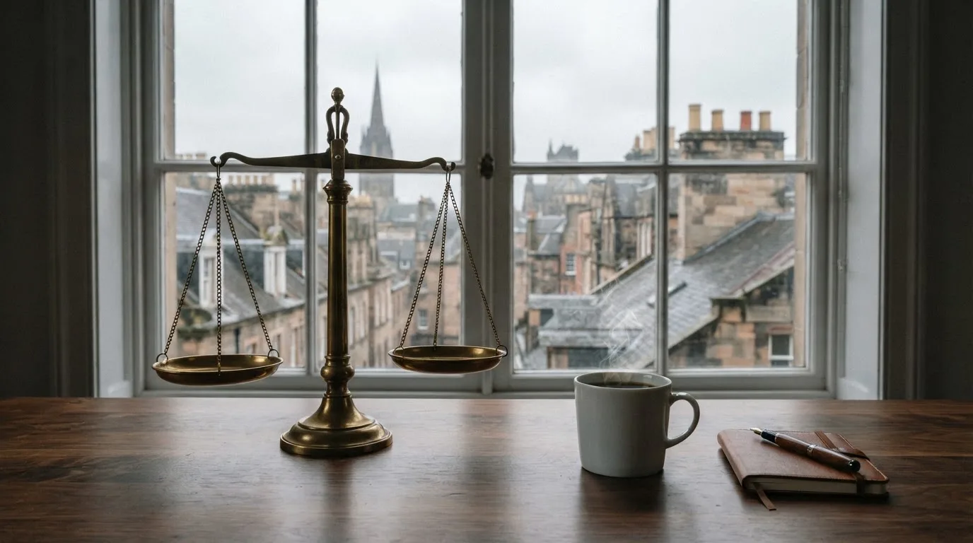 Eine Messingwaage steht auf einem dunklen Holzschreibtisch neben einer Kaffeetasse, im Hintergrund ein Fenster mit Blick auf Dächer.
