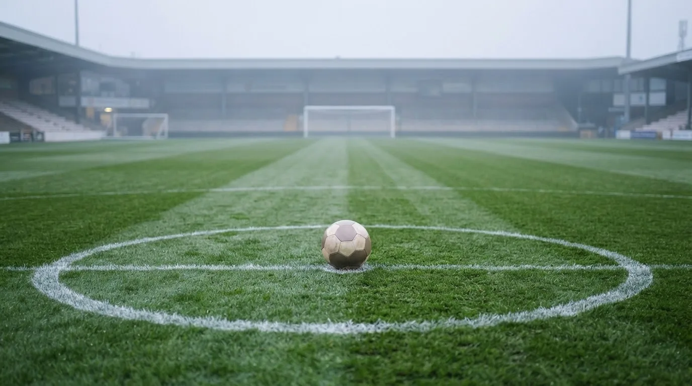 Ein Fußball ruht auf dem Mittelkreis eines leeren Rasenplatzes in der Morgendämmerung, Tau liegt auf dem Gras.