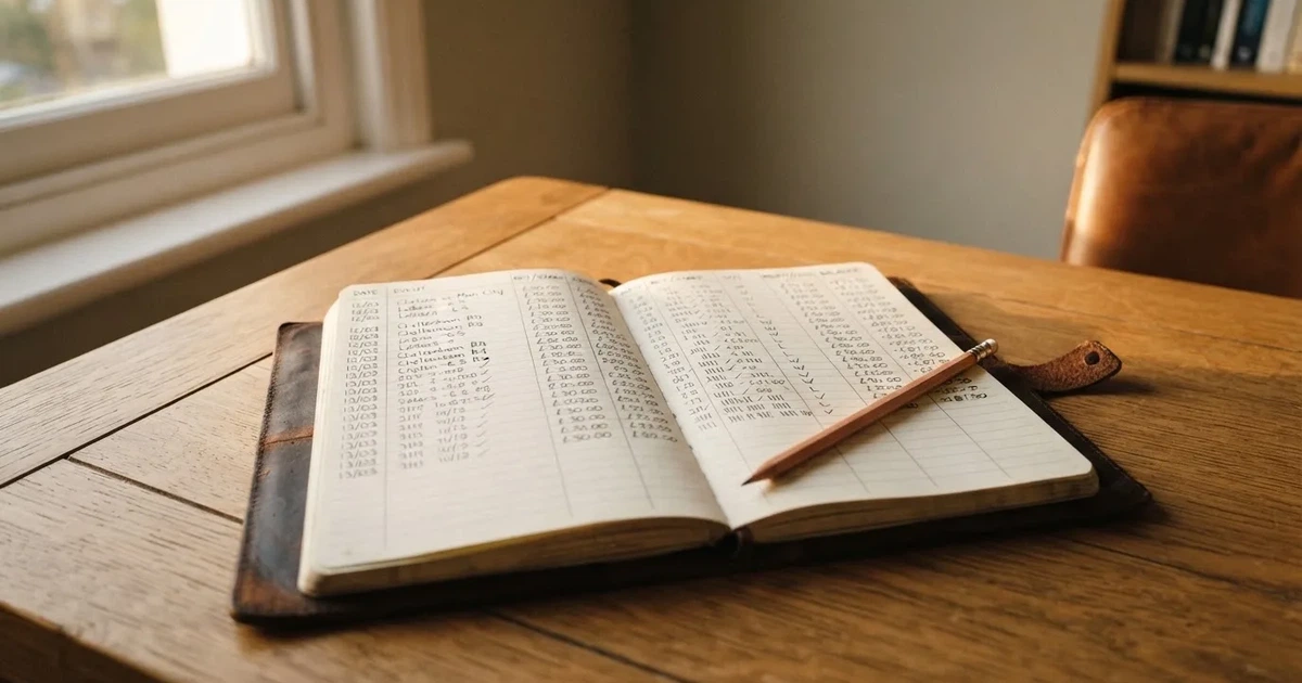 Ein Notizbuch mit handschriftlichen Spalten und Strichlisten liegt neben einem Taschenrechner und einem Bleistift auf einem Schreibtisch.