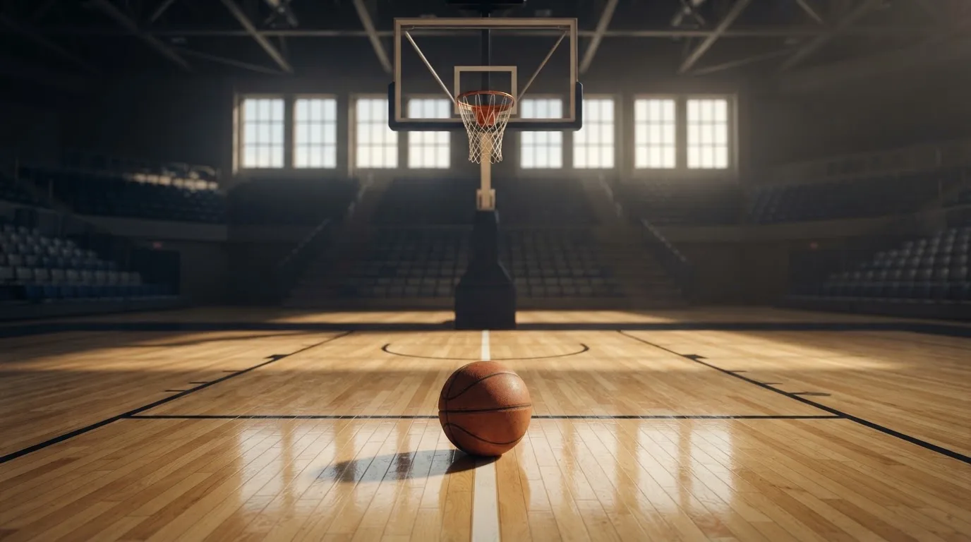 Ein Basketball liegt auf dem Hallenboden unter einem Korb, das Netz hängt ruhig, Morgenlicht fällt durch hohe Fenster.