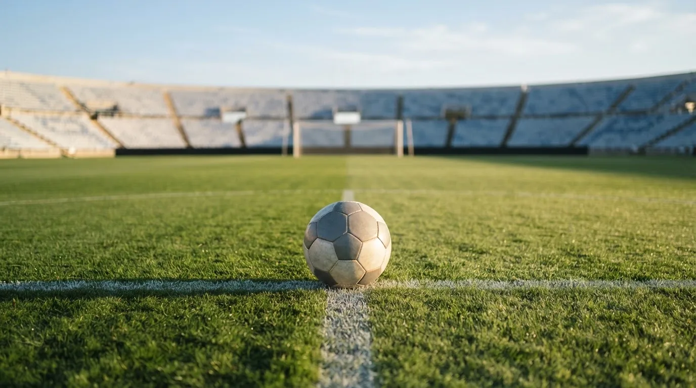 Ein Fußball liegt auf dem Anstoßkreis eines leeren Rasenplatzes im Licht der Morgensonne.