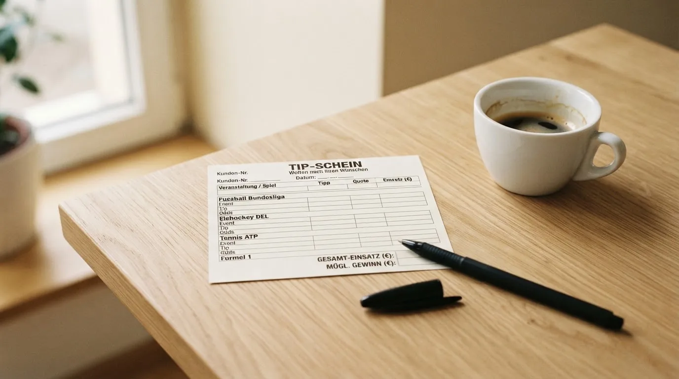 Ein leerer Wettschein aus Papier liegt neben einem Kugelschreiber und einer Tasse auf einem hellen Holztisch.