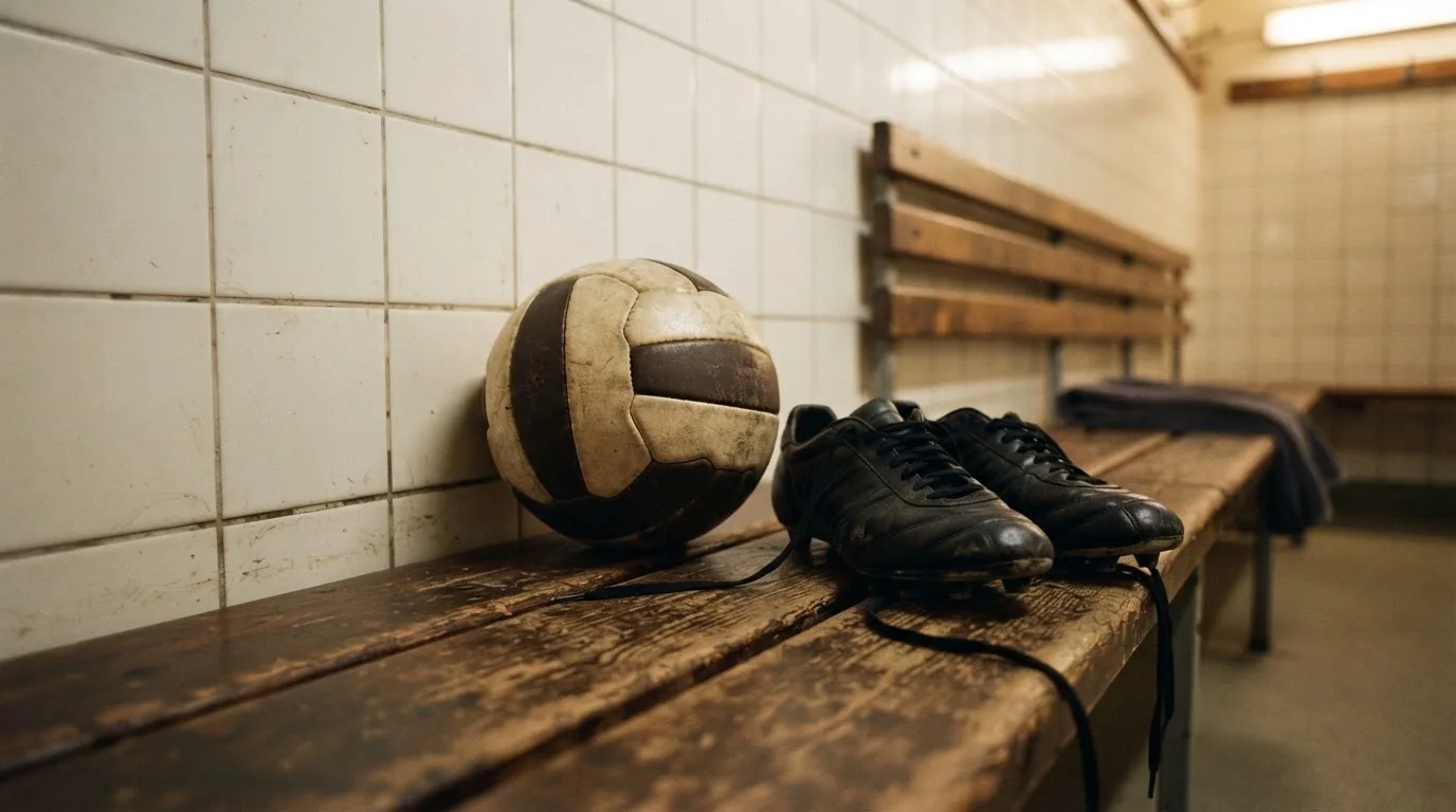 Ein Fußball liegt neben einem Paar Fußballschuhen ohne Markenzeichen auf einer Holzbank in einer leeren Umkleide.