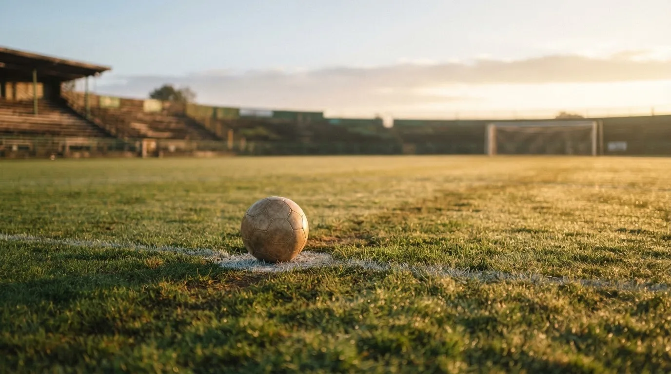 Ein Fußball liegt auf dem Anstoßpunkt eines leeren Rasenplatzes in der Morgendämmerung, im Hintergrund eine leere Tribüne.