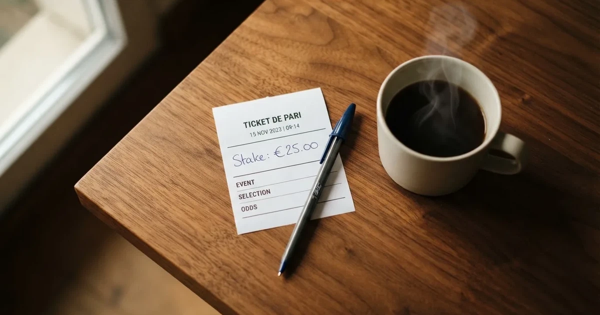 Ein leerer Wettschein aus Papier liegt neben einem Kugelschreiber und einer Tasse Kaffee auf einem Tisch, Aufnahme von oben.