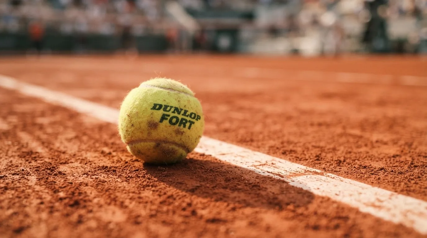 Ein einzelner Tennisball liegt auf rotem Sand neben einer weißen Linie, geringe Schärfentiefe.
