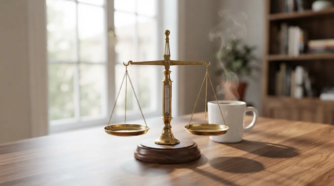 Eine Messingwaage steht auf einem Holzschreibtisch neben einer Kaffeetasse, im Hintergrund ein helles Fenster.