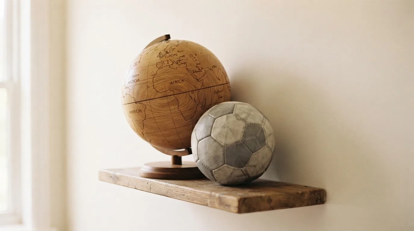Eine Weltkarte aus Holz hängt an einer Wand, davor liegt ein Fußball auf einem Regal, ohne erkennbare Beschriftung.