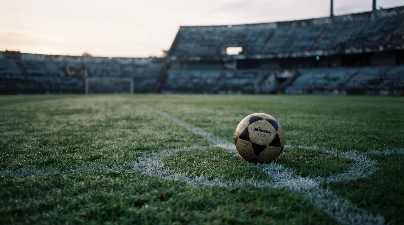 Ein Fußball liegt auf dem Anstoßpunkt eines leeren Rasenplatzes im frühen Morgenlicht, dahinter eine leere Tribüne.
