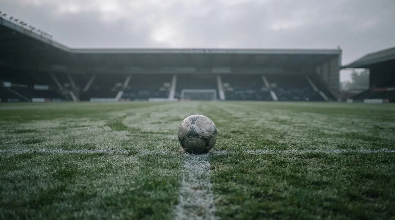 Ein Fußball liegt auf dem Anstoßpunkt eines leeren Rasenplatzes im frühen Morgenlicht, dahinter eine leere Tribüne.