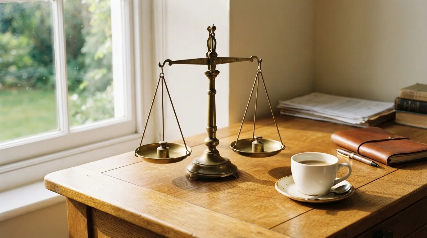 Eine Messingwaage steht auf einem Holzschreibtisch neben einer Kaffeetasse, im Hintergrund ein helles Fenster.