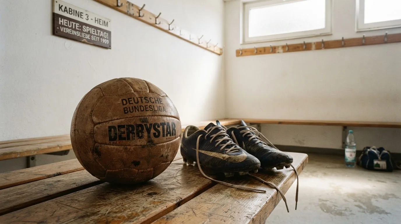 Ein Fußball liegt auf einer Holzbank in einer leeren Umkleide neben einem Paar Fußballschuhen ohne Markenzeichen.