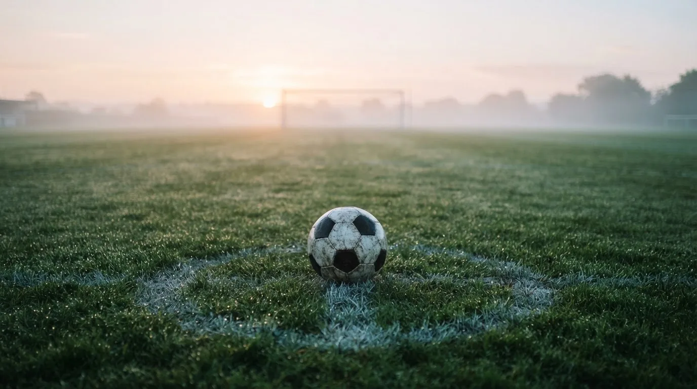 Ein Fußball ruht auf dem Mittelkreis eines leeren Rasenplatzes in der Morgendämmerung, Tau liegt auf dem Gras.