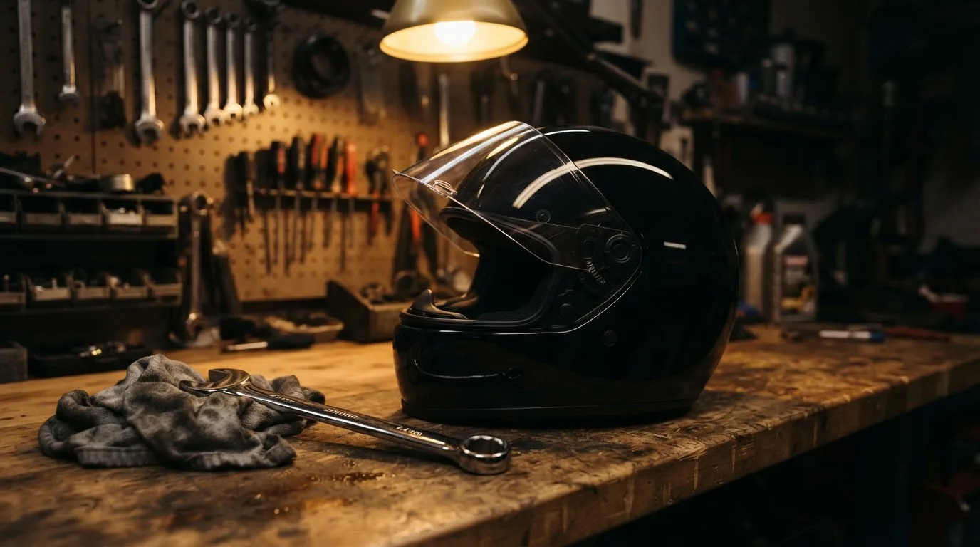 Ein schwarzer Motorradhelm ohne Aufdruck liegt auf einer Werkbank neben einem Schraubenschlüssel, warmes Licht einer Werkstatt.