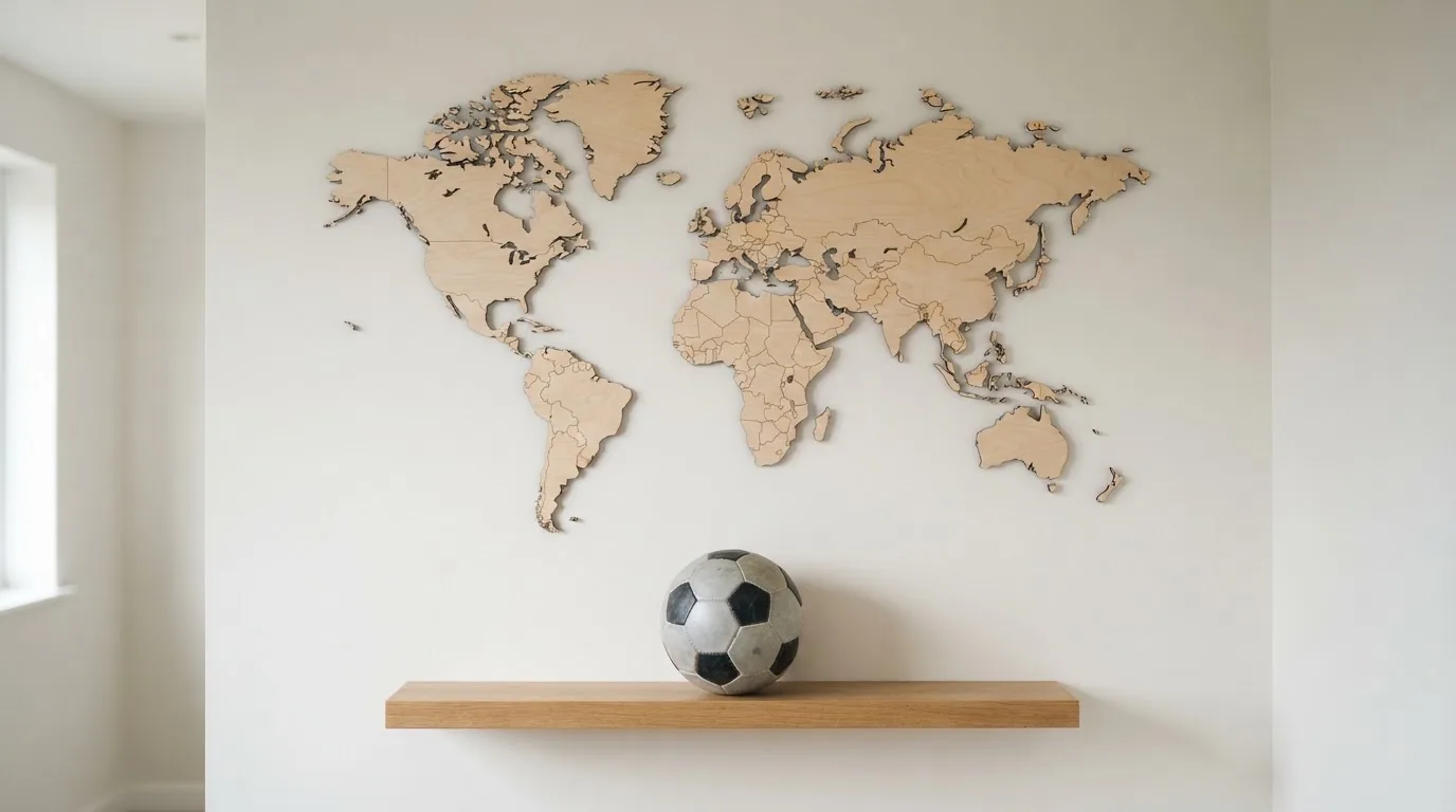 Eine Weltkarte aus Holz hängt an einer Wand, davor liegt ein Fußball auf einem Regal, ohne erkennbare Beschriftung.