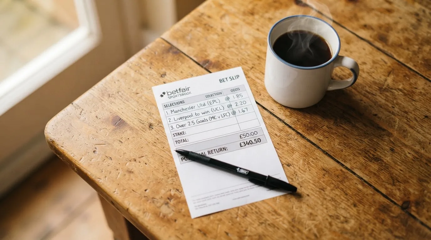 Ein leerer Wettschein aus Papier liegt neben einem Kugelschreiber und einer Tasse Kaffee auf einem Holztisch, Aufnahme von oben.