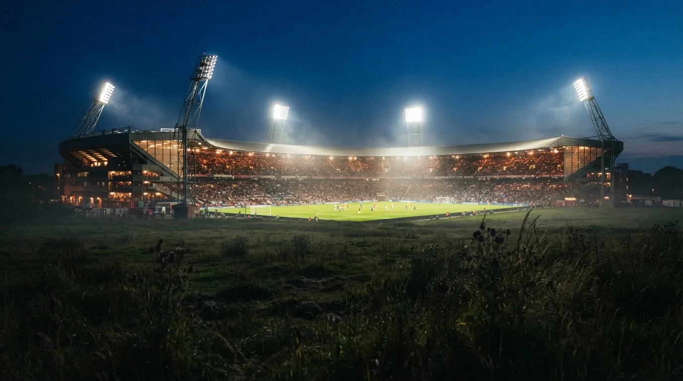 Ein großes Stadion unter Flutlicht, aus der Ferne über eine dunkle Wiese gesehen, die Lichtmasten spiegeln sich im Dunst der Abenddämmerung.
