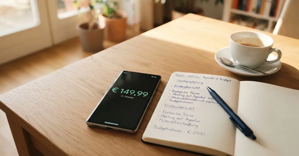 Ein Smartphone mit dunklem Display liegt neben einem Notizbuch mit handschriftlichen Notizen auf einem hellen Holztisch, daneben eine Tasse Kaffee im Morgenlicht.