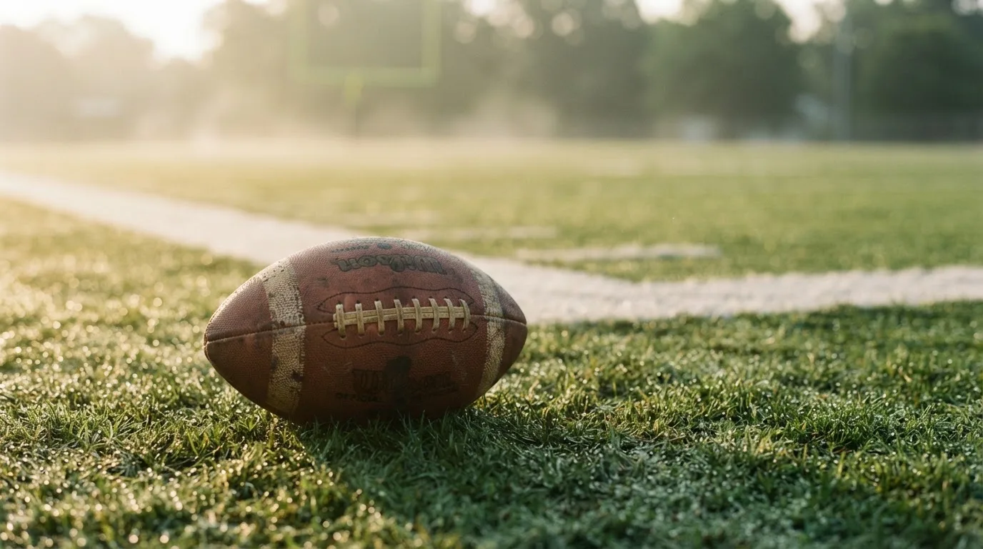 Ein ovaler Lederball mit heller Schnürung liegt auf dem Rasen vor der Endzone, Tau auf dem Gras im ersten Morgenlicht.