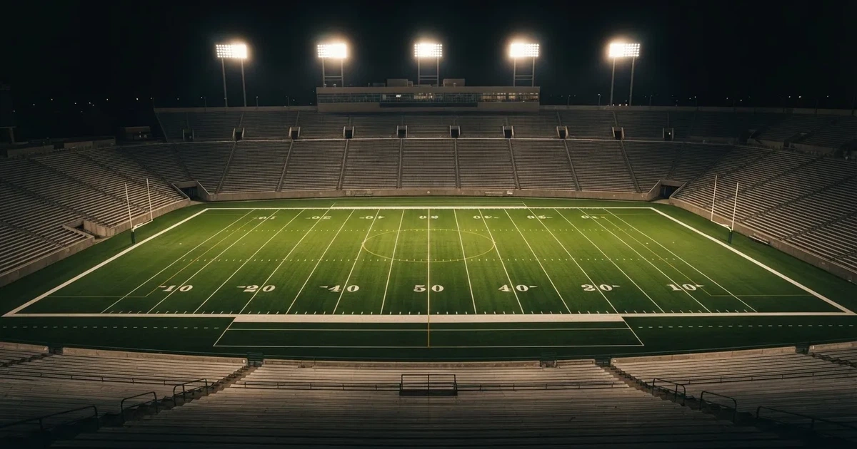 Ein American-Football-Feld mit weißen Yardlinien im Flutlicht, von einer hohen Tribüne aus gesehen, die Ränge leer, Zahlen nicht erkennbar.