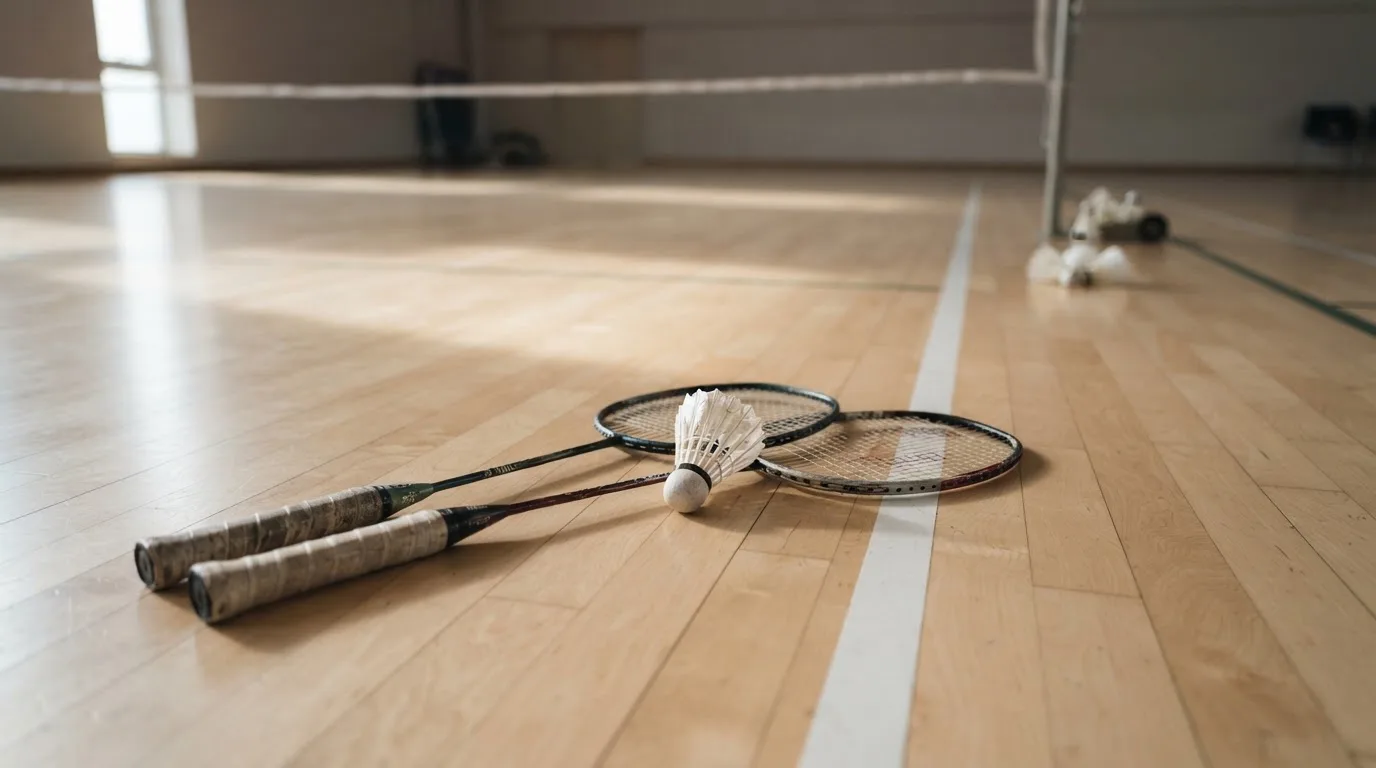 Zwei Badmintonschläger und ein Federball liegen auf einem Holzboden neben der Seitenlinie, weiches Licht fällt von der Seite ein.