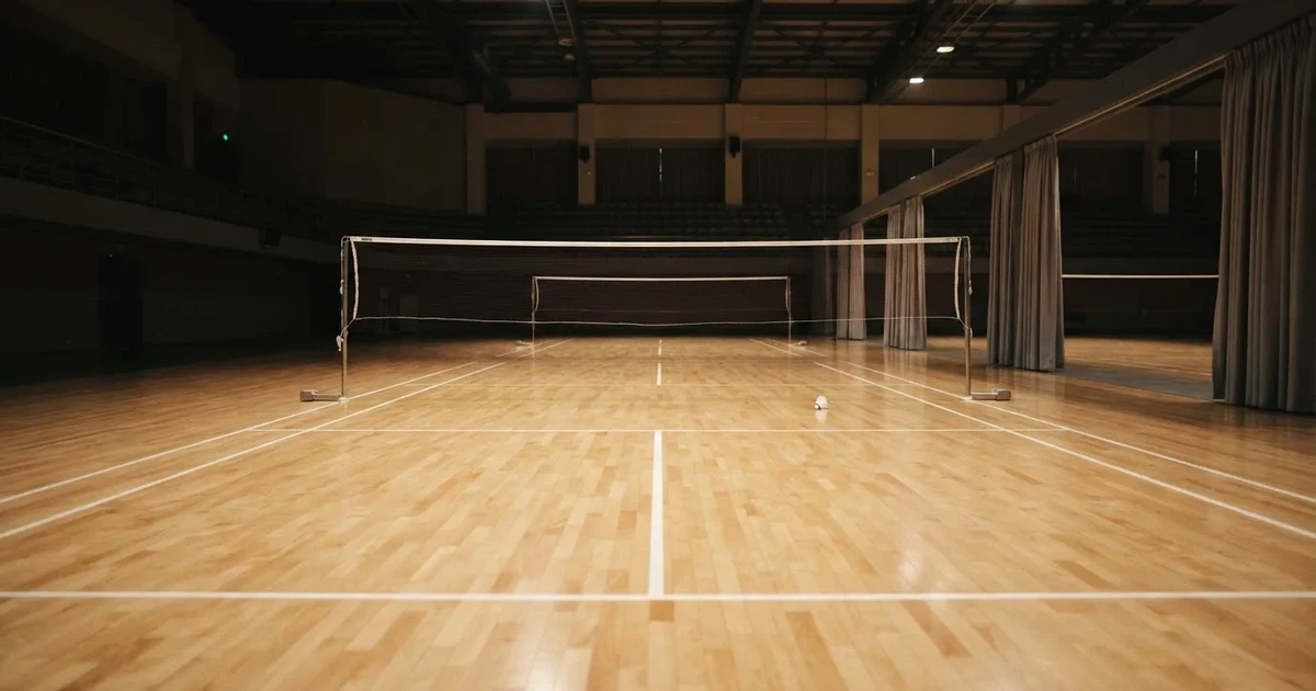 Eine leere Badmintonhalle mit gespanntem Netz und hellen Hallenlichtern, ein Federball liegt auf dem Hallenboden.