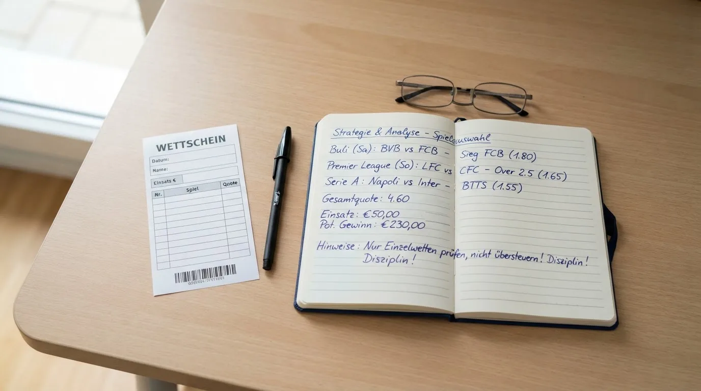 Ein leerer Papierwettschein und ein Kugelschreiber auf einer glatten Schreibtischplatte, daneben ein aufgeschlagenes Notizbuch mit handschriftlichen Notizen.