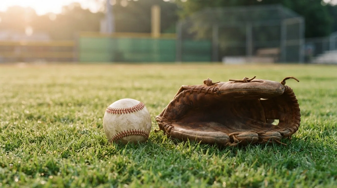 Ein weißer Baseball und ein Lederhandschuh liegen auf kurz geschnittenem Gras, im Hintergrund eine verschwommene Spielfeldbande.
