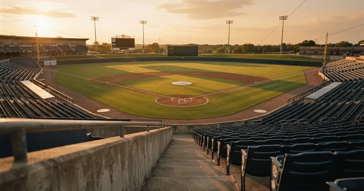 Ein Baseballfeld mit dem hellbraunen Infield und gepflegtem Rasen, von der Tribüne aus gesehen, die Ränge leer, tiefe Abendsonne.