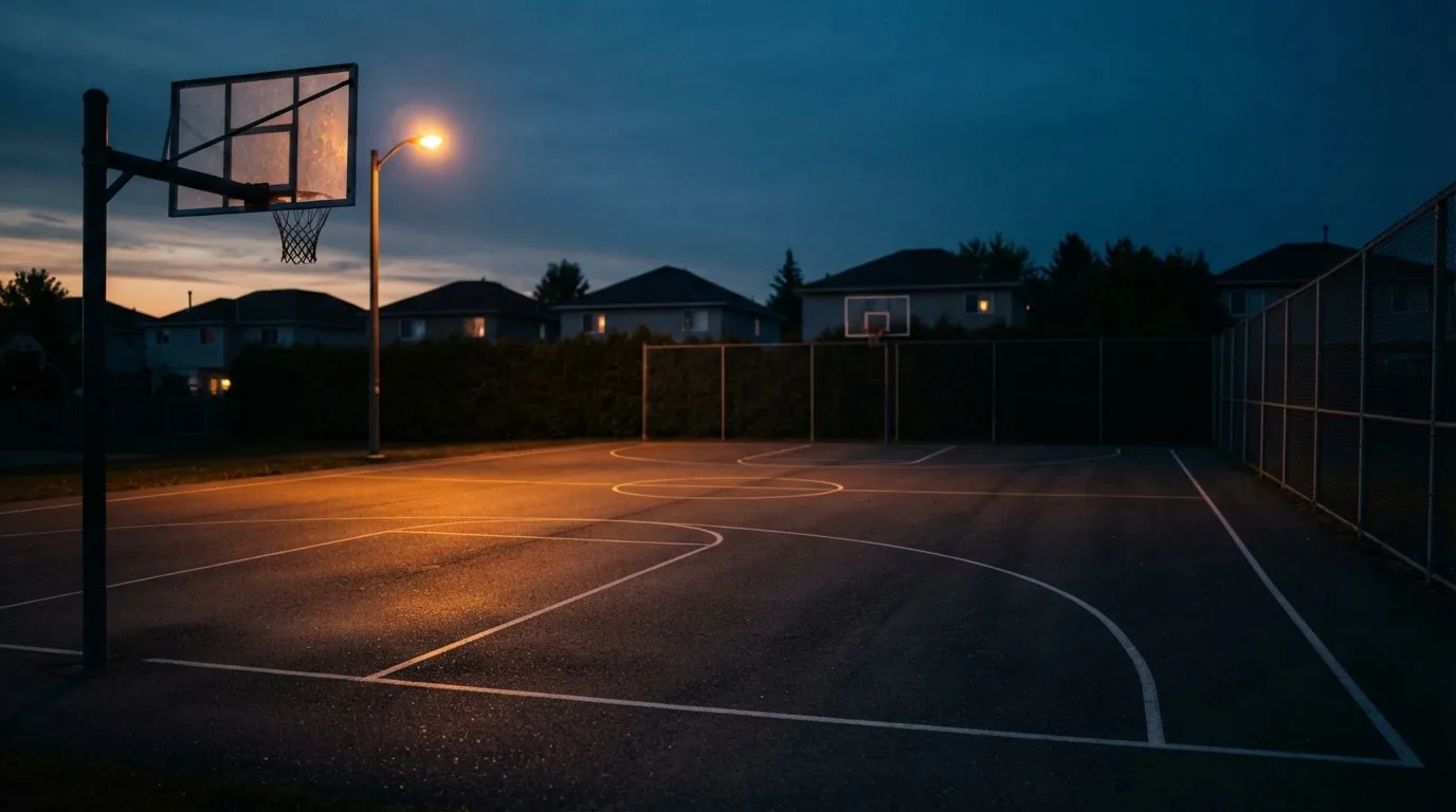 Ein Freiluft-Basketballplatz am Abend mit Asphalt, Linien und zwei Körben unter einer Straßenlaterne.