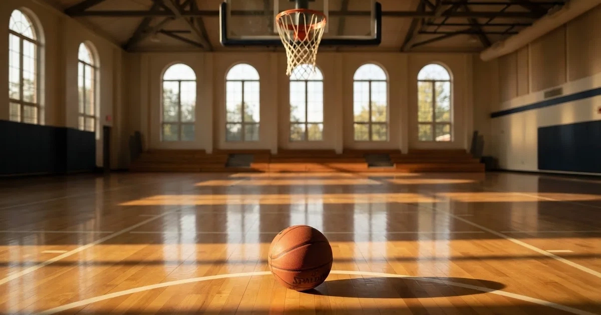 Ein Basketball liegt unter dem Korb auf dem Parkett einer leeren Sporthalle, Licht fällt durch hohe Fenster.
