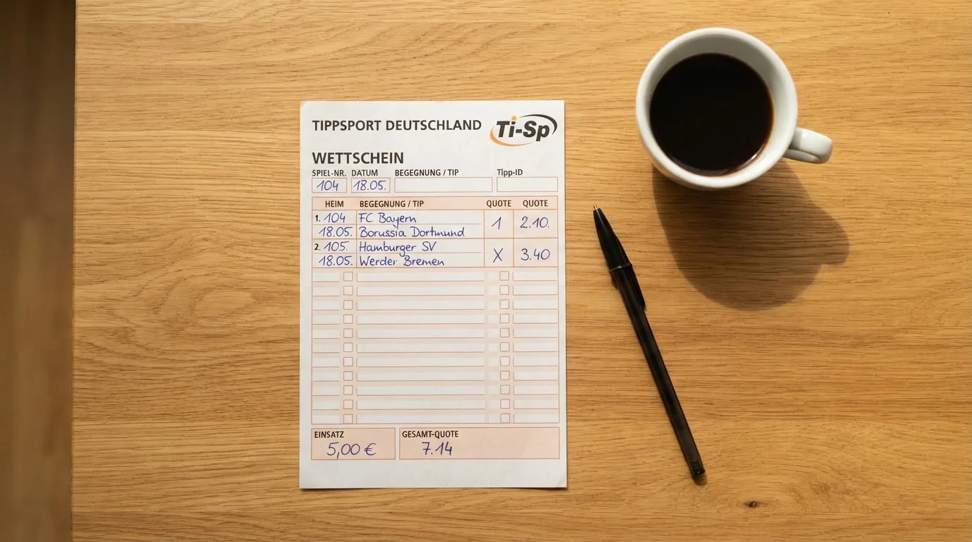 Ein leerer Wettschein aus Papier liegt neben einem Kugelschreiber und einer Tasse auf einem hellen Holztisch.