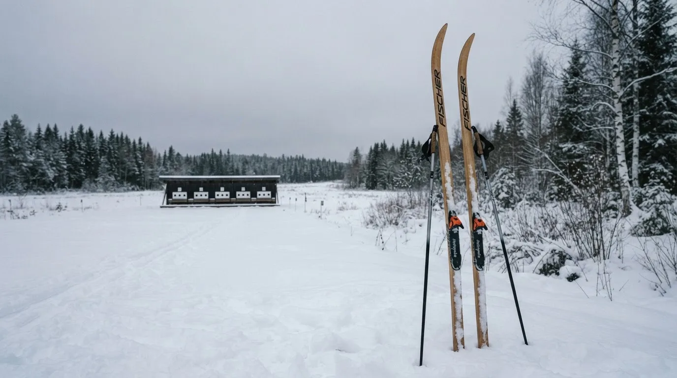 Ein Paar Langlaufskier steckt aufrecht im Schnee neben einem leeren Schießstand mit runden Zielscheiben, kaltes Winterlicht.
