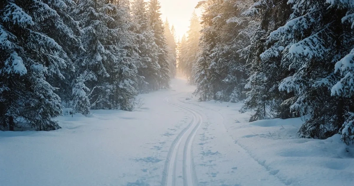 Eine verschneite Loipe zwischen Fichten im Morgenlicht, frische Spuren im Schnee, kein Mensch zu sehen.