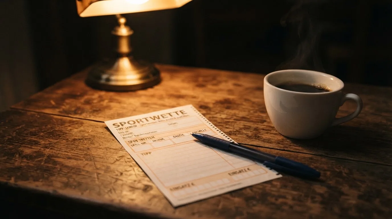 Ein leerer Papierwettschein und ein Kugelschreiber liegen auf einem Holztisch neben einer Tasse, warmes Licht einer Lampe.
