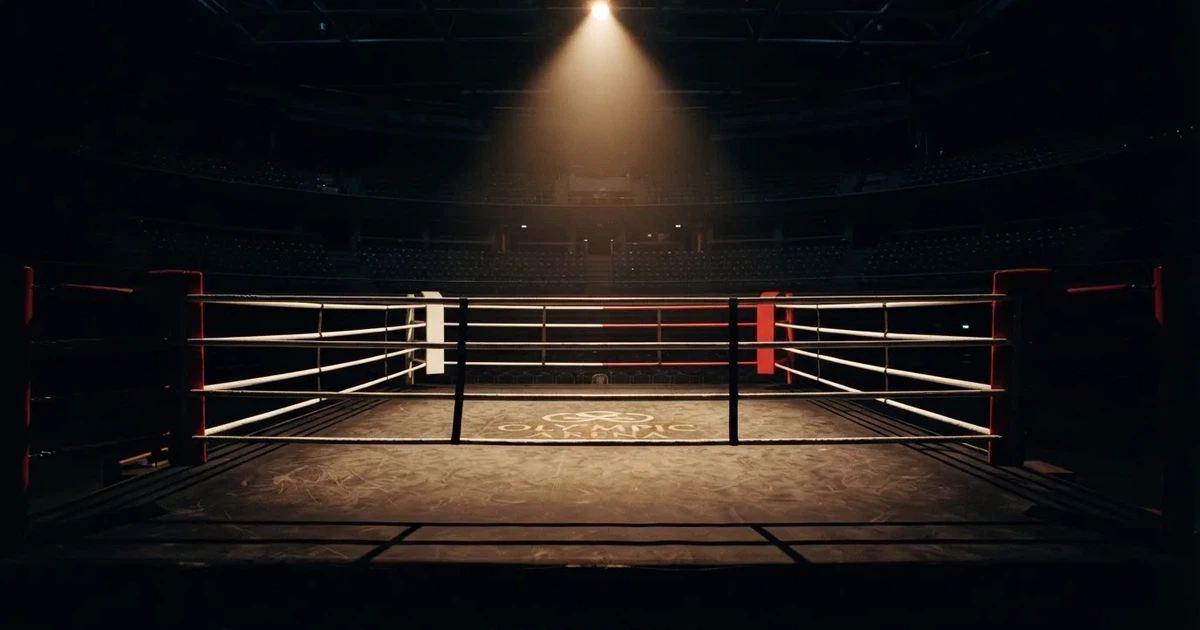 Ein Boxring mit gespannten Seilen in einer leeren Halle, ein einzelner Scheinwerfer leuchtet von oben auf die Ringmatte.