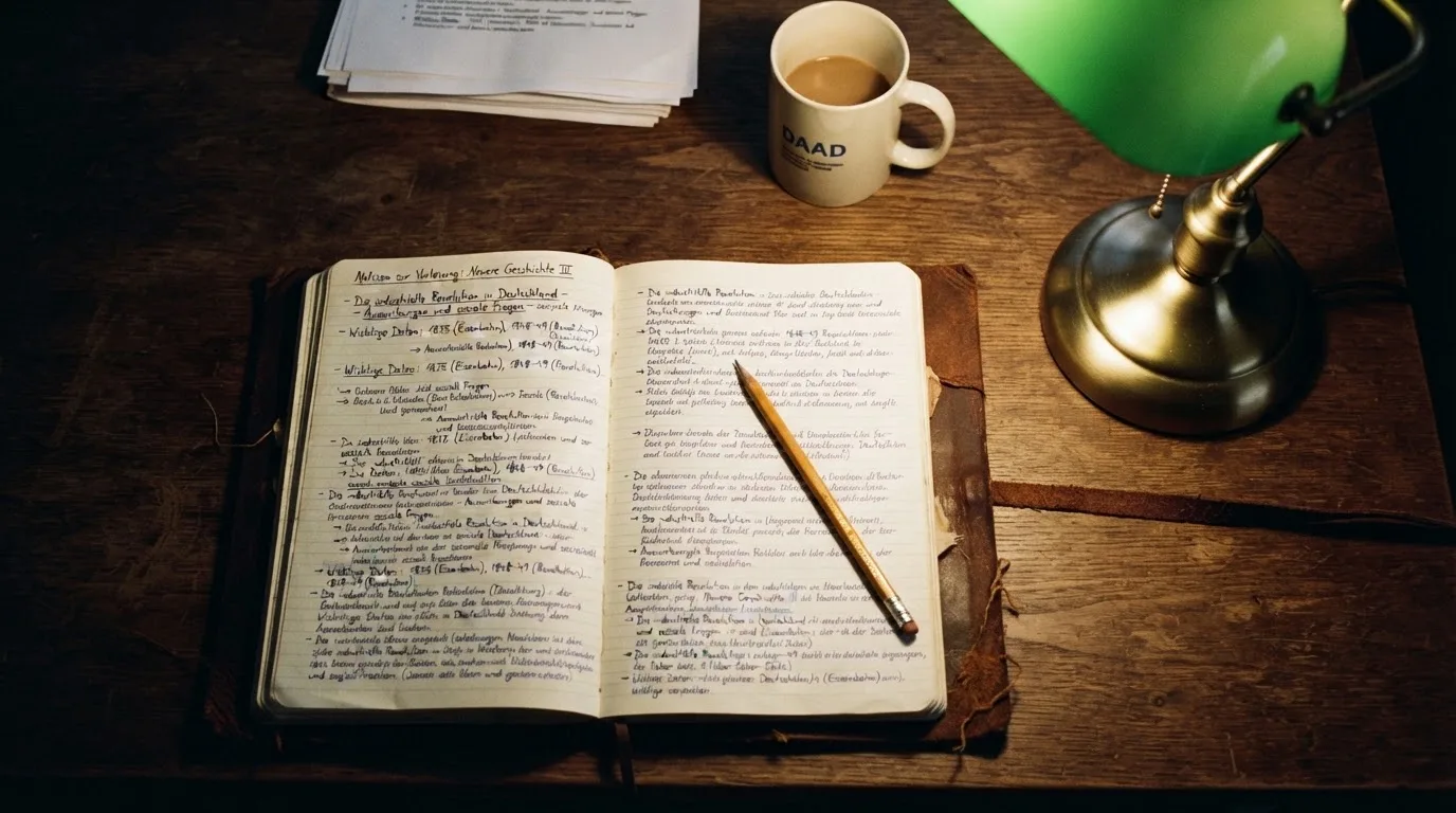 Ein Notizbuch mit handschriftlichen Notizen und ein Bleistift liegen neben einer Tischlampe auf einem Schreibtisch, ruhiges Abendlicht.