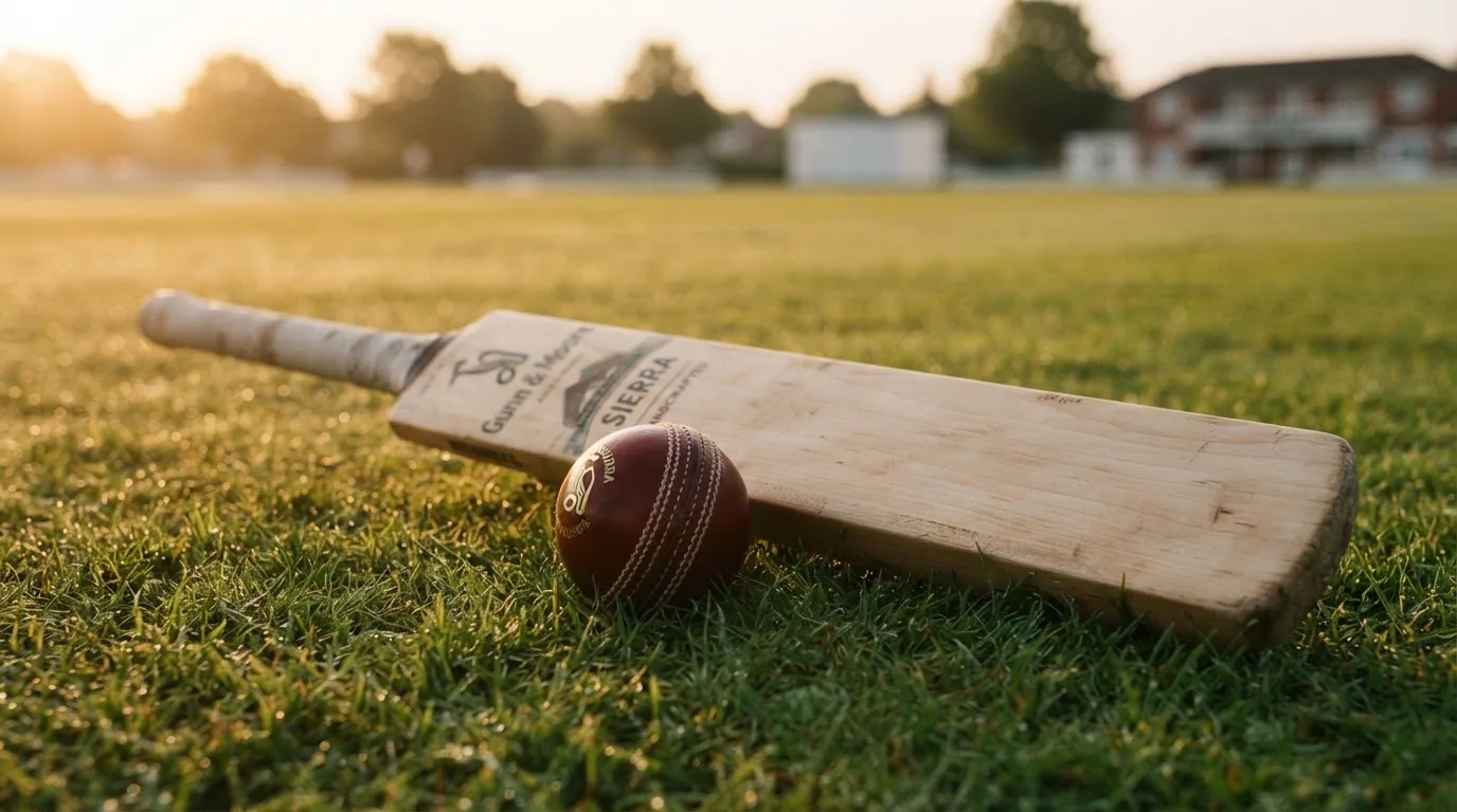 Ein Cricketschläger aus hellem Holz und ein roter Lederball liegen auf kurzem Rasen, weiches Abendlicht.
