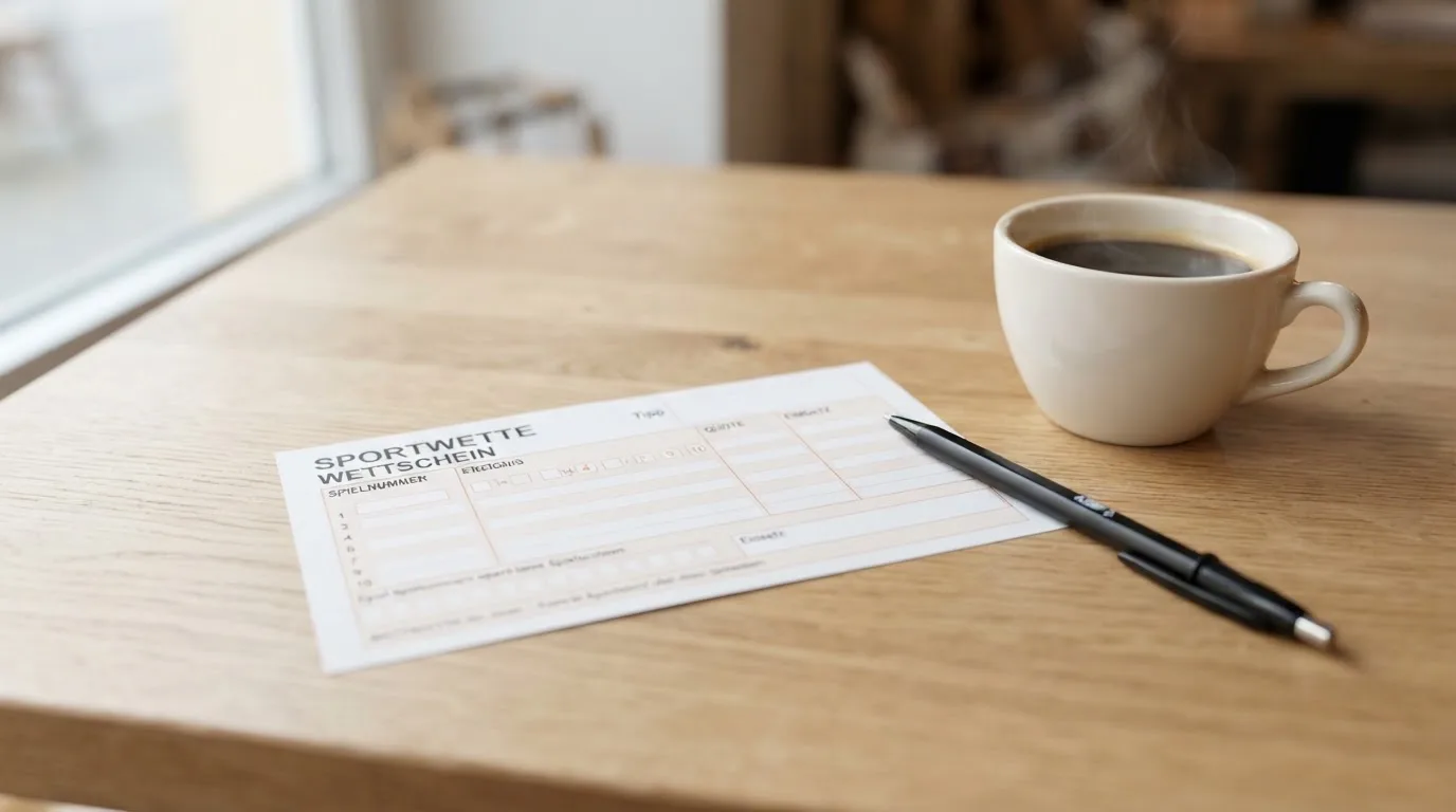 Ein leerer Wettschein aus Papier liegt neben einem Kugelschreiber und einer Tasse auf einem hellen Holztisch.