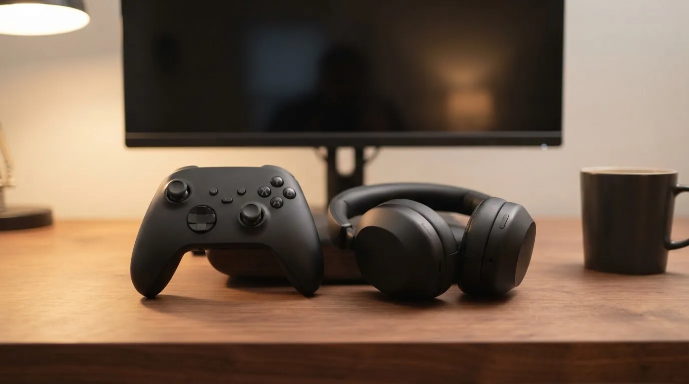Ein Gamepad und ein Headset liegen auf einem Schreibtisch neben einer Tasse, der Bildschirm im Hintergrund ist ausgeschaltet.