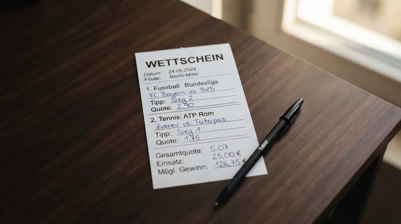 Ein leerer Papierwettschein und ein Kugelschreiber liegen auf einem aufgeräumten Schreibtisch, weiches Licht von einem Fenster.