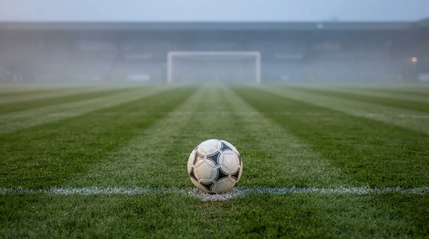 Ein Fußball liegt auf dem Elfmeterpunkt eines leeren Rasenplatzes, im Hintergrund unscharf ein Tor im Morgendunst.