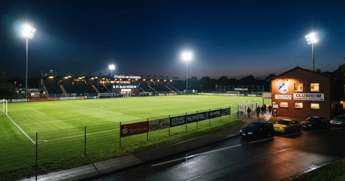 Ein Fußballstadion bei Flutlicht aus der Ferne gesehen, davor eine Straße und leuchtende Fenster eines Nebengebäudes.