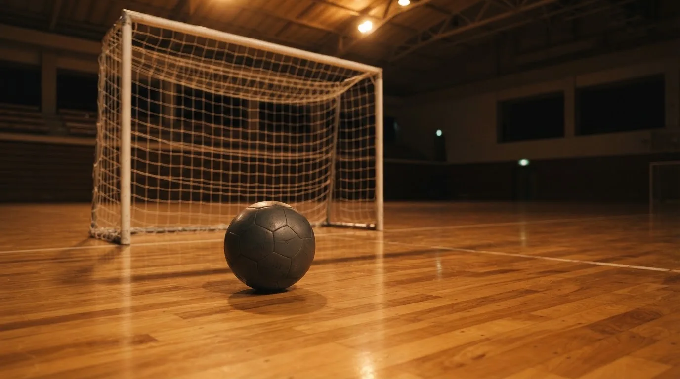 Ein kleiner schwerer Ball liegt in einer Halle auf dem Parkett vor einem Tor, warmes Licht aus den Deckenstrahlern.