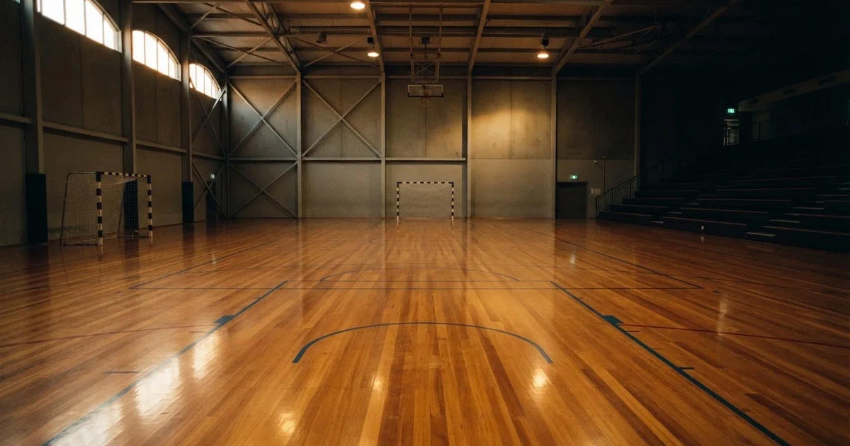 Eine leere Sporthalle mit hellem Hallenboden, kleinen Toren an beiden Enden und blauen Linien, Licht fällt von oben.