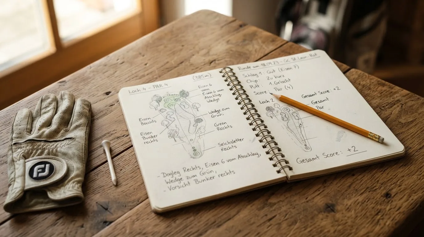 Ein Notizbuch mit handschriftlichen Notizen und ein Bleistift liegen neben einem Golfhandschuh und einem Tee auf einem Holztisch.